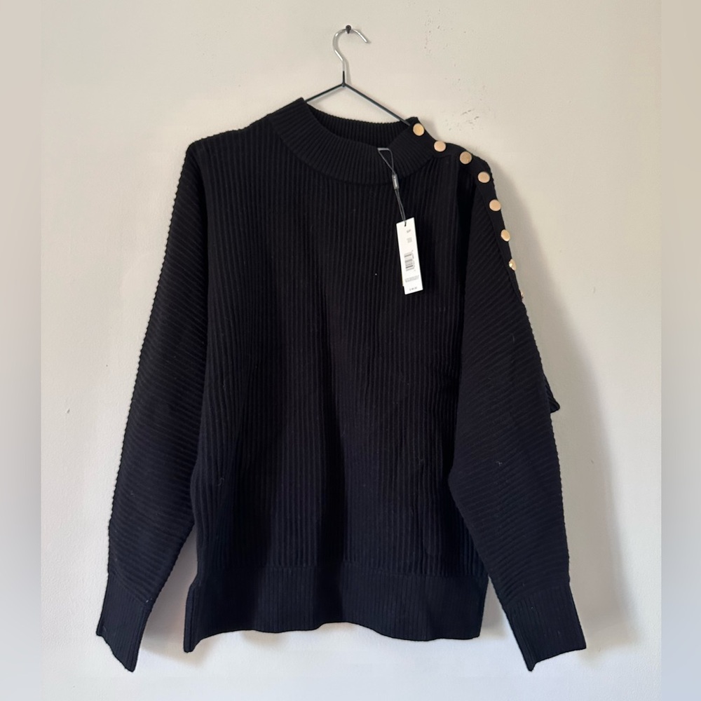 T Tahari Black Ribbed Sweater with Gold Buttons S NWT